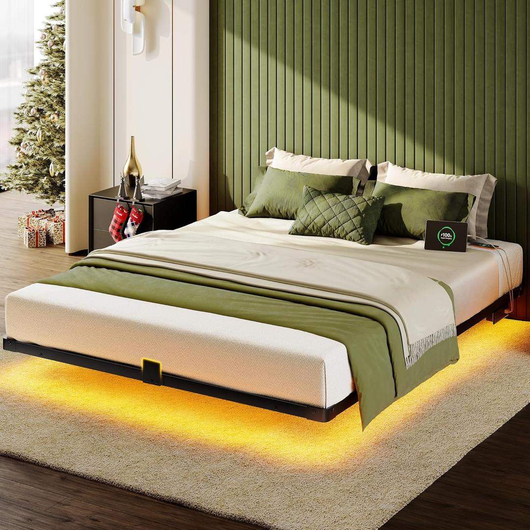 Floating Bed Frame Full Size, Smart LED Lights & Charging Station, 9.45" High Clearance, Mattress Slide Stopper, Noise-Free, No Box Spring Needed, Easy Assembly