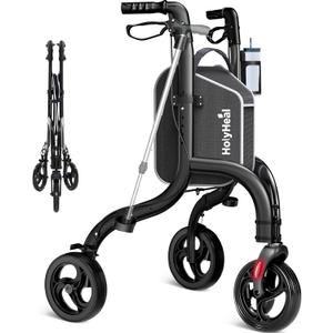 3 Wheel Walkers for Seniors, Lightweight Rollator Walkers Foldable for Elderly with Cane Hold and Cup Hold, Height Adjustable Aluminum Three Wheel Rolling Walker Mobility Aid, Black