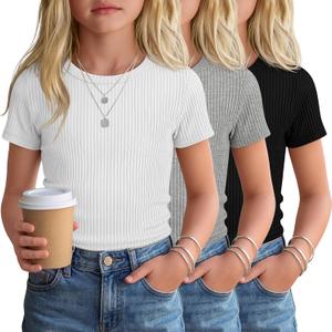 3 Pack Girls Short Sleeve Slim Fit Tops | Cotton, Tight, Ribbed Knit, Crewneck, Round Neck, Cute, Casual, Basic Tees, Solid, Plain, Summer, Versatile, Comfortable