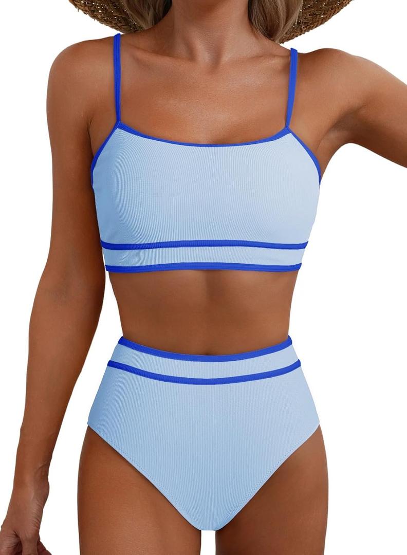 Herseas Women's Ribbed Bikini Sets Color Block Swimsuit High Waisted Bathing Suit (X-Large, Baby Blue)