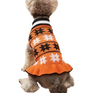 Jecikelon Pet Dog Sweaters for Small Dogs Dress with Snow Knitwear Turtleneck Pullover Dog Clothes Warm Winter Puppy Sweater Long Dresses (Orange, Large)
