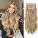 FESHFEN Clip in Hair Extensions for Women - 4 Pcs Thick Double Weft Long Wavy Soft Synthetic Blends Well Hair Extension, 20 inch Caramel Brown & Beige Blonde