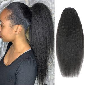 Brazilian Remy Kinky Straight Ponytail Human Hair Extensions 24Inch Drawstring Ponytail Yanky Straight Human Hair Ponytail Clip in Hair Extensions Nature Black Color for Women (Yaki Hair, 24 inch)
