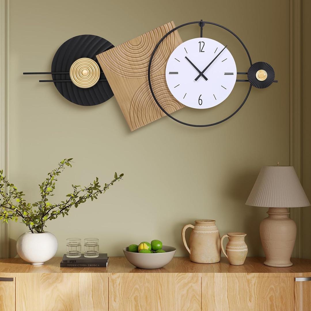 37.7X21Inch Large Modern Wall Clock Geometric Dial-Solid Wood Metal Frame Silent Non Ticking Wall Clocks for Living Room, Bedroom Decoration, Contemporary Home Wall Decor Gift Idea (Medium)