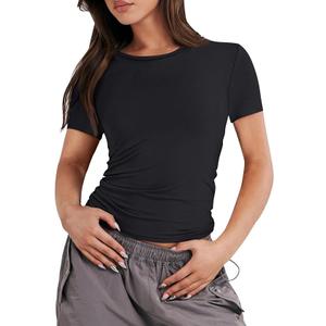 Womens Short Sleeve Slim Fit Crop Top Going Out Tight-Shirts Summer Basic Tees Solid Crewneck T Shirts, XS