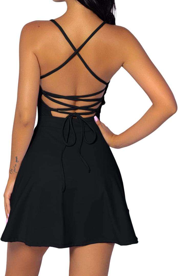 QINSEN Womens Two Pieces Tennis Dress with Shorts Workout Open Back Active Golf Dresses (Small, Black)