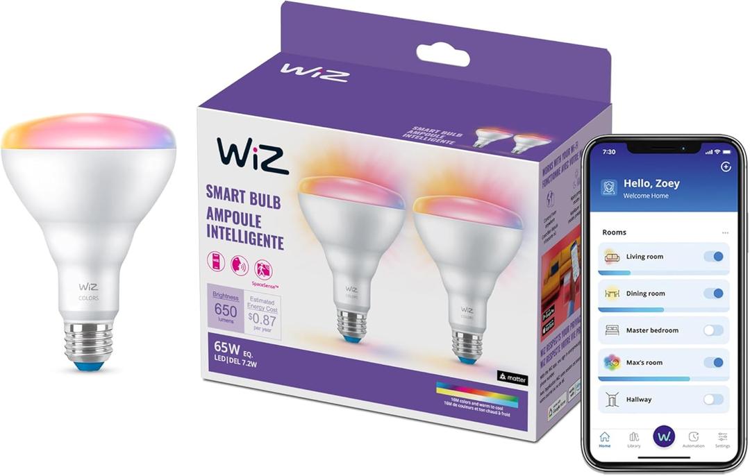WiZ Connected 65W BR30 LED Smart Light Bulbs - Connects to Your Wi-Fi - E26 Smart Bulb - Control with Voice or App + Activate with Motion - Matter Compatible - 2 Pack