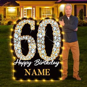60th Birthday Yard Sign Decorations with LED 30 Inch Black Gold Personalized Name Happy 60th Birthday Yard Sign with Stakes Outdoor Waterproof Lawn Sign for Men Women 60 Years Old Birthday Supplies