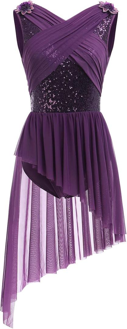 AFAVOM Women's Lyrical Dance Costume Sequin Flower Lyrical Dress Asymmetric Flowy Tulle Skirt Contemporary Dance Costumes (Medium, Purple)