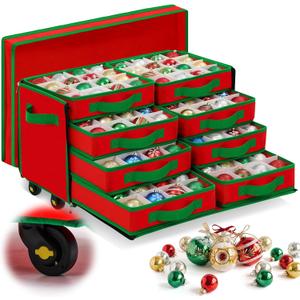 Peryiter Rolling Christmas Ornament Storage Box with Wheels 128 Slots 3" Adjustable Dividers Large Christmas Ornament Organizer Decoration Storage Containers with 8 Removable Drawer Trays
