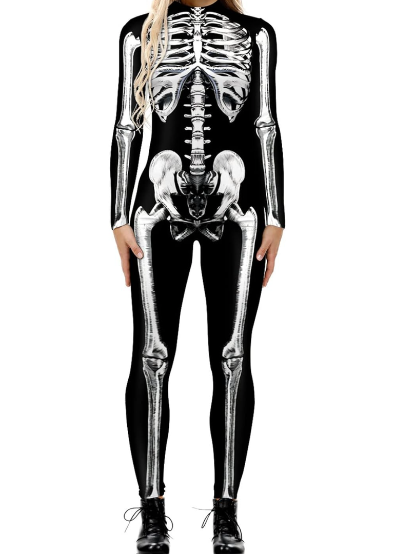 ALBIZIA Women's Skull Skeleton Halloween Costume Jumpsuit Bodysuit Cosplay Bodysuit Outfit, L-XL