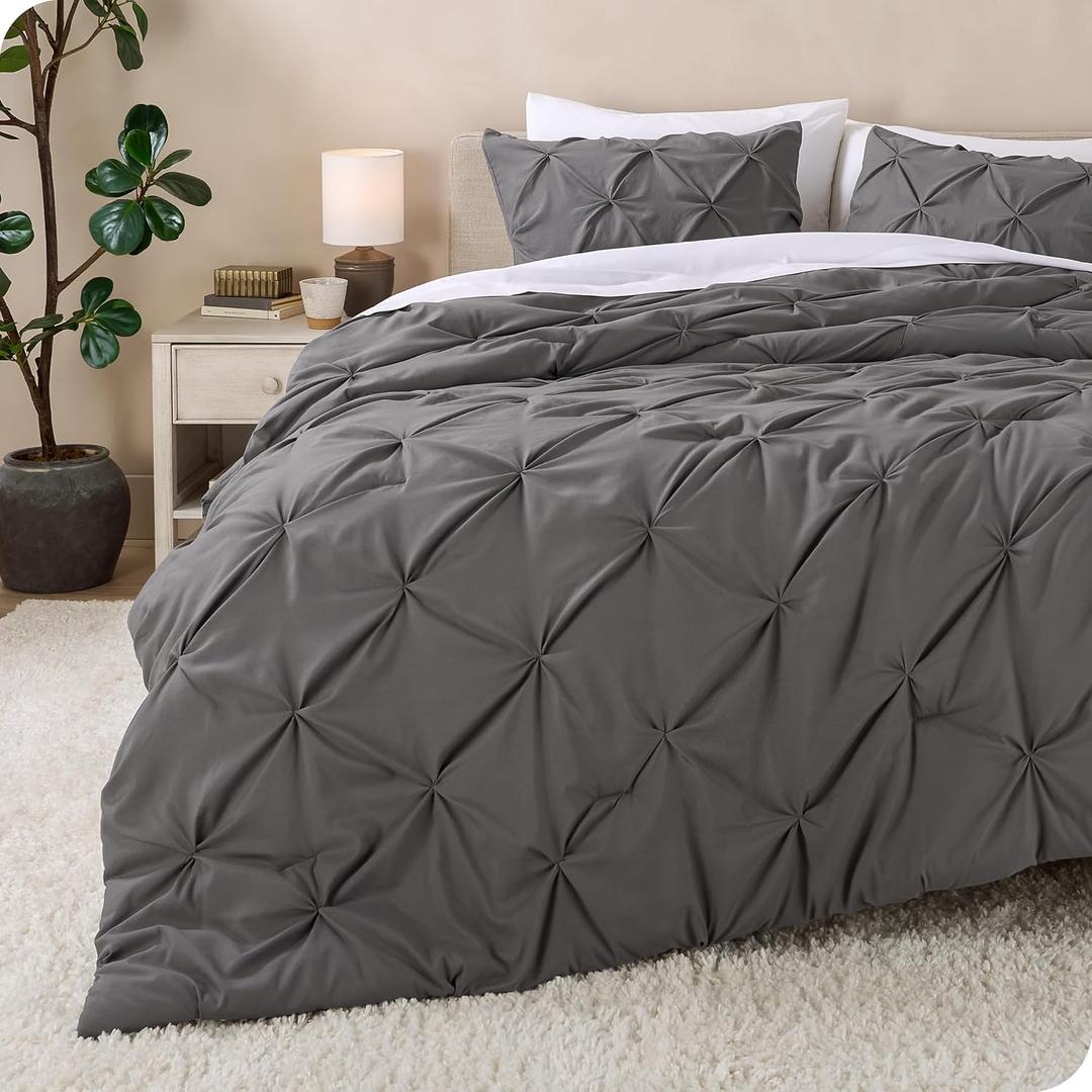 Bare Home Pintuck Pinch Pleat Comforter Set - Down Alternative - Soft, Premium 1800 Series - Bedding for All Seasons, 3 Pieces, 1 Comforter (90”x 90”) and 2 Pillow Shams (Queen, Grey)