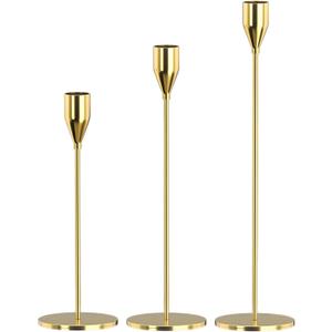 Candle Holders Set of 3 for Taper Candles, Decorative Candlestick Holder for Wedding, Dinning, Party, Fits 3/4 inch Thick Candle&Led Candles (Metal Candle Stand) (Gold)
