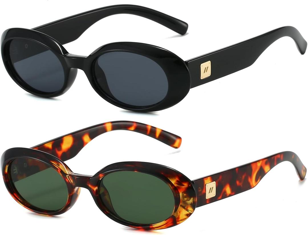 PORADAY Modern Oval Sunglasses for Women Trendy Retro 90s Oval Sunnie Vintage Narrow Round Shades (Two Pack (Black/Grey + Leopard/G15))