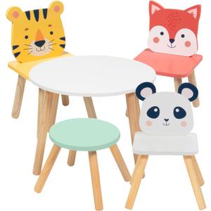 Kids Wooden Animal Table & Chair Set w 4 Seats- Tiger Panda Fox & Adult Stool- Arts & Crafts Coloring, Dining, Pretend Play- Durable Playroom Furniture, Home Daycare Classroom- Toddler Activity Center, Onesize