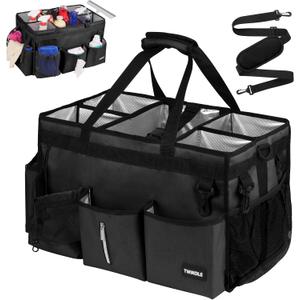 Extra Large Cleaning Caddy Bag with Built-In Support Board, Cleaning Tote Organizer with Removable Divider, Supply Carryall with Adjustable Shoulder Strap and Waist Belt for Cleaners & Housekeepers