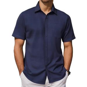 COOFANDY Mens Button Down Short Sleeve Shirt Casual Textured Shirts Summer Beach Shirts with Pocket (Pink, XXL)