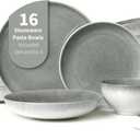 Pokini 16 Piece Double Bowl Dinnerware Sets, Stain Resistant Dish Set with Pasta Bowls, Easy Cleaning Dishes, Multi-Functional Plate and Bowl, Stack Compactly Plate Set, Service for 4