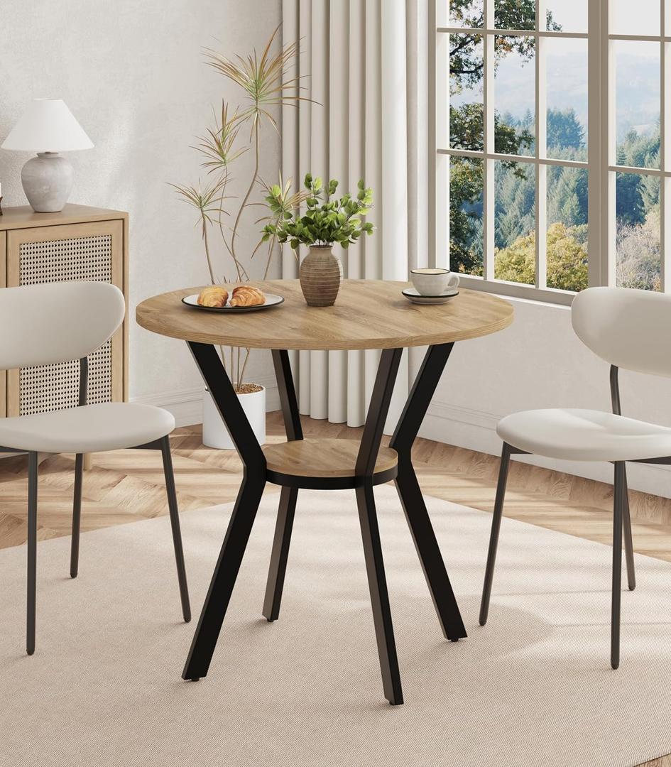 Round Kitchen Tables for 2-4, 31.5" Small Dining Tables with Storage, Rustic Wood Circle Dinner Table with Metal Leg, Farmhouse Dinner Table for Small Space, Dining Room, Kitchen, Office, Apartment