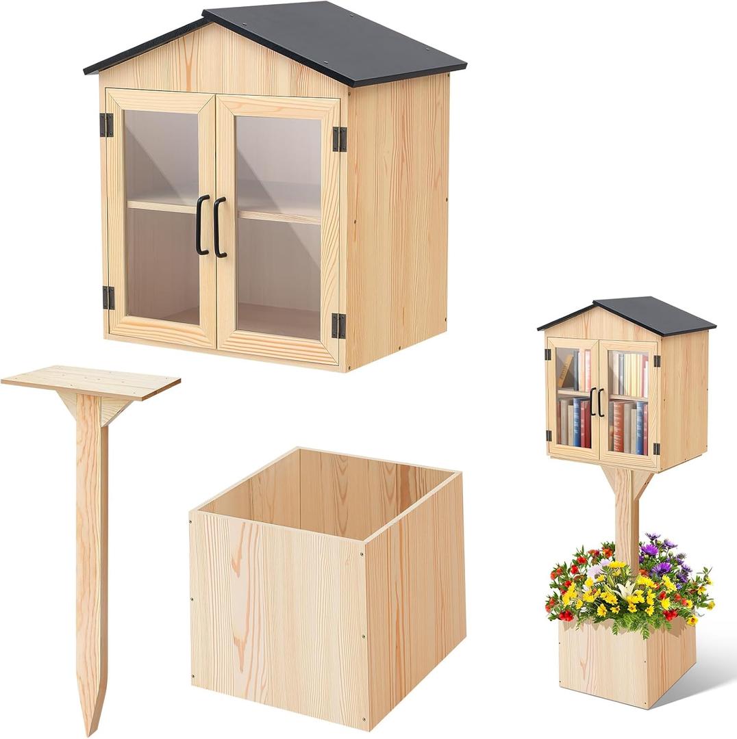 Wonderjune Little Library Box Outdoor with Floor Plugs & Flower Fence, Durable Weatherproof Solid Wood Free Library Book for Neighborhoods, Community and School