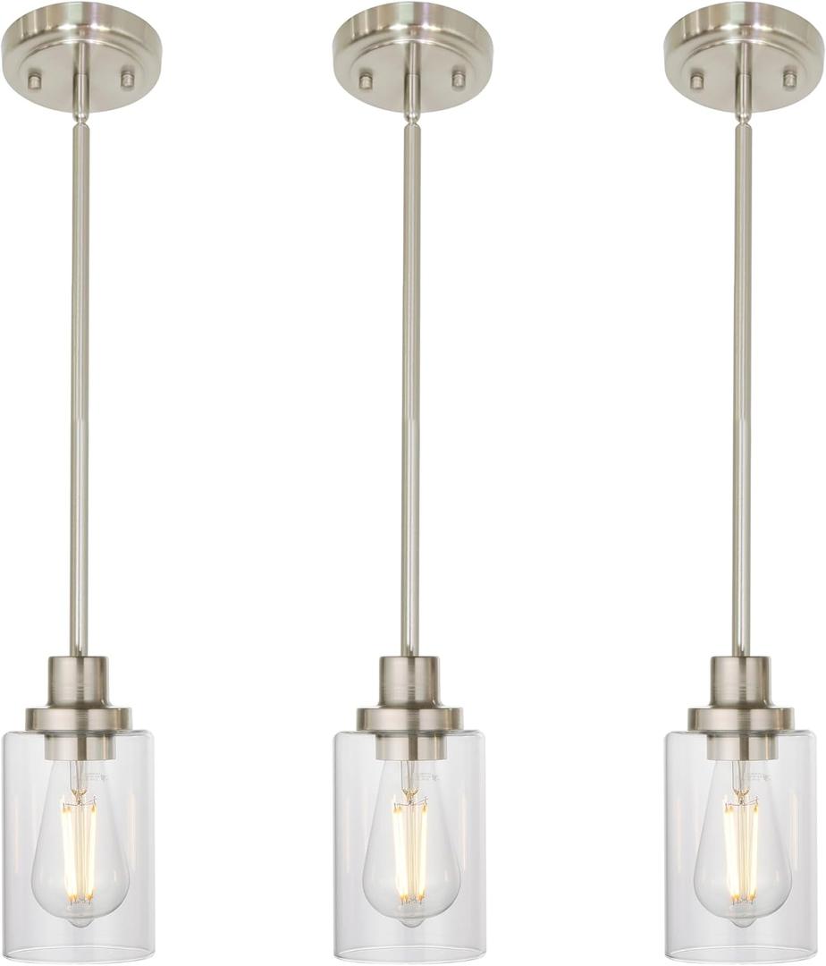 MELUCEE 3 Pack Kitchen Island Pendant Lighting Adjustable Hanging Ceiling Lamp Brushed Nickel Finish with Clear Glass Shade for Bar Dining Room Corridor Living Room Bedside