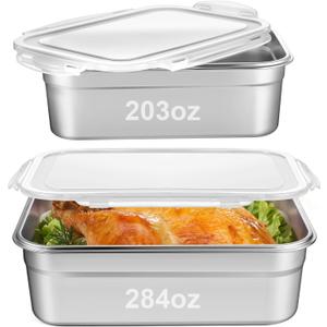 2 Pcs Large Stainless Steel Marinating Containers with Lids, Food Storage Containers for Refrigerator, Leak-proof & Stackable for Meal Prep, Meat(284oz/8.4l + 203oz/6l,No Handle)
