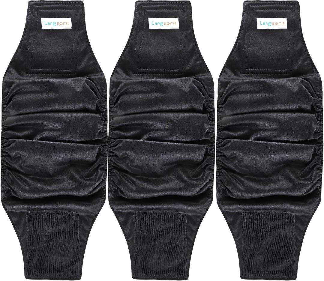Langsprit Male Belly Bands for Dogs (Pack of 3) - High Absorbing Dog Wraps Male Washable - Reusable Dog Diapers (Black, Small)