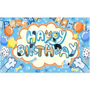 96x60inch Cartoon Blue Birthday Photography Backdrop Cute Dog Balloon Paw Background Boys Kids Birthday Party Decorations Photo Booth Props