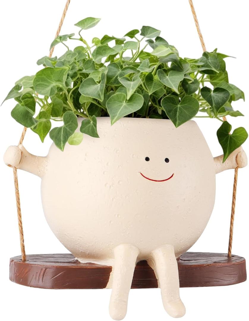 Swinging Plant Pot Face Flower Pot Head Planter,Succulent Hanging Pots Indoor and Outdoor Planter Decoracion,Planters for Live Plants (White)