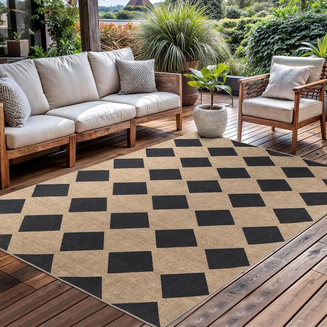 Checkered Easy Jute Rug 5x7 Outdoor Patio Rug Washable Area Rugs for Living Room Bedroom Non Slip Neutral Farmhouse Indoor Outdoor Carpet for Backyard Patio Office