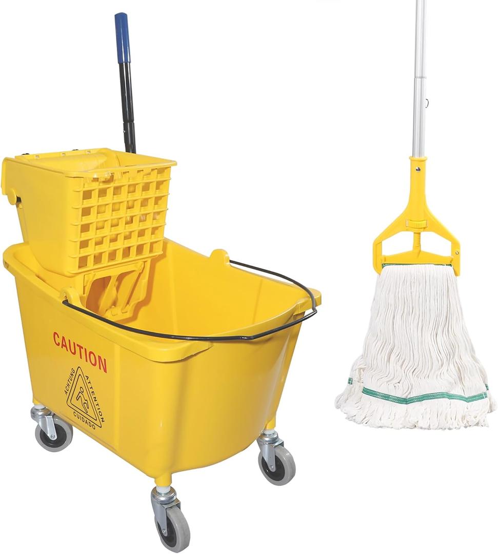 Midoneat Commercial Mop Bucket with Side Press Wringer on Wheels, Including One Commercial Mop, 35 Quart, Yellow