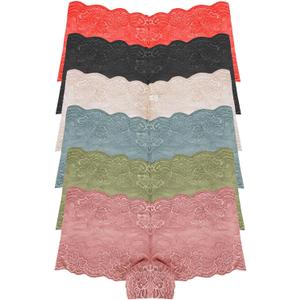 RUNYA Womens Lace Boyshort Panties Lingerie Underwear Briefs, Pack of 6 (Large)