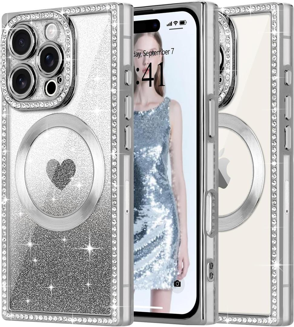 Magnetic Case iPhone 16 Pro Max Crystal Rhinestones Rectangular Bumper Glitter Love Heart Design [Compatible with MagSafe] Slim Silicone TPU Shockproof Clear Phone Case for Women Girls,Silver