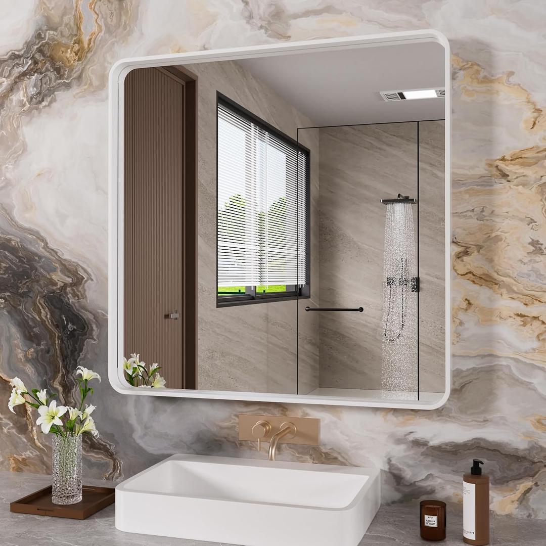 JISOSO White Bathroom Mirror 36x36 Inch, White Metal Framed Bathroom Mirror for Wall, Rounded Rectangle Matte Bathroom Vanity Mirror, Tempered Glass, Anti-Rust, Horizontal/Vertical