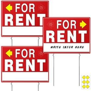 Large For Rent Sign, 17" x 13" Double-Sided Yard Signs with Arrow Stickersfor Rent Sign with Stand, for Rent Signs with Metal Stakes,WEATHER-PROOF, (3 Pack)