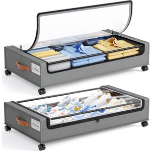 Yecaye Under Bed Storage with Wheels, 2 Pack Under Bed Storage Containers, Large Under Bed Rolling Storage with Clear Window & Label, Bedroom Storage Organizer for Clothes, Shoes,Toys, Books, Blankets (LightGrey)