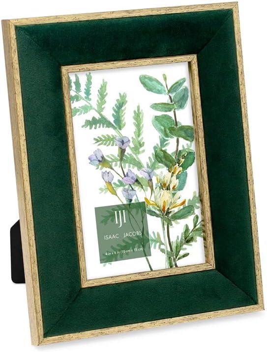 Isaac Jacobs 4x6 Green Velvet Picture Frame with Metallic Gold Double Border, Photo Frame, Horizontal & Vertical, Made for Tabletop & Wall Display, for Home and Office (4x6, Green with Gold)