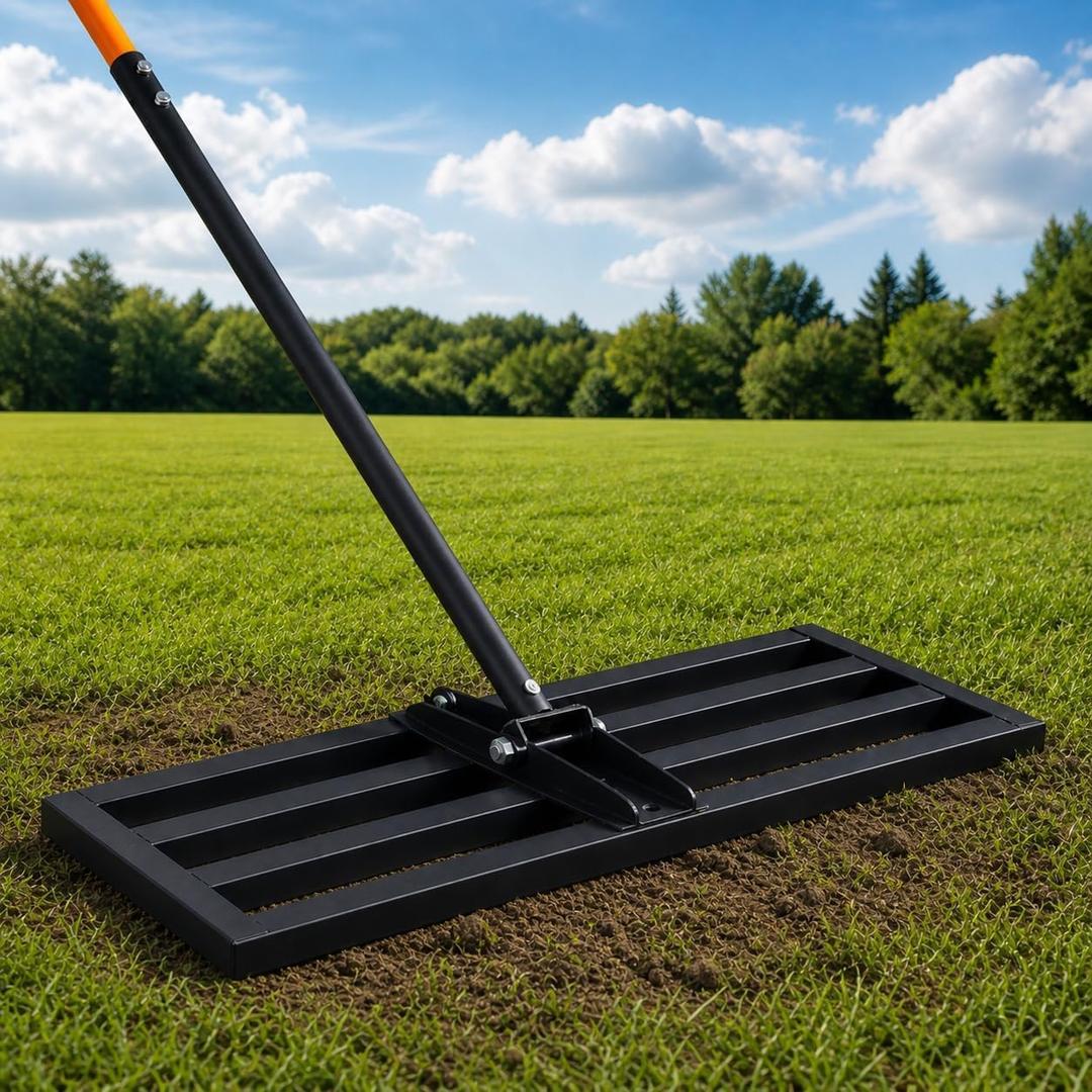 30" x 10" Leveling Rake for Backyard Leveling Kit, 6.5FT Heavy Duty Lawn Leveling Tool for Uneven Grass & Soil, Stainless Steel Yard Leveling Rake for Seeding, Includes Bonus Gloves & 2 Hooks, Black