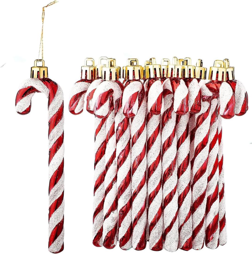 12Pcs Glitter Candy Cane Christmas Tree Decorations Christmas Plastic Candy Cane Tree Hanging Ornament for Holiday Party Decoration Favor (red)