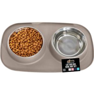 GORILLA GRIP Feeding Mat Set, 4 Cup, Patent Pending 100% Waterproof BPA Free Silicone, Stainless Steel Cat and Dog Bowls, Slip Resistant, High Edges Catch Water Food, US Designed Pet Accessories Beige