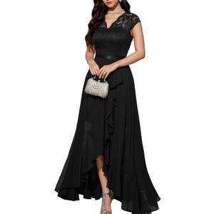Bbonlinedress Women's V-Neck Dress for Women Wedding Guest Hi-Lo Floral Lace Prom Cocktail Party Formal Bridesmaid Dress (Black, XXXL)