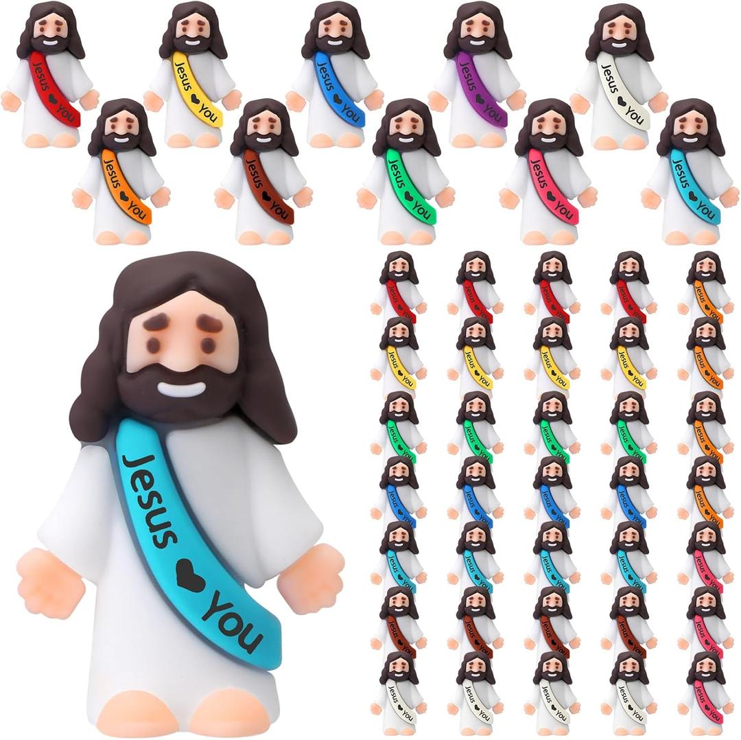 Bememo 50 Pcs Mini Jesus Figures Easter Jesus Loves You Christ Toys Little Christ Figures to Hide and Seek Sunday School Religious Party Favors Gift for Easter Egg Stuffers(Multicolor)