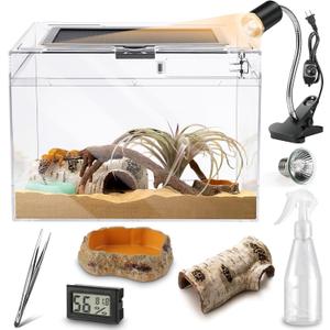 HELIME Reptile Polycarbonate Terrarium Kit 7 Piece Starter Habitat for Tarantula,Lizards,Frogs,Geckos,or Hermit Crabs,Tank with Escape-Proof Locking Lid,Light,Hygrometer,Hide,Tweezer,Bowl,Sprayer XL, XLarge(19.5x9.4x10.5IN)