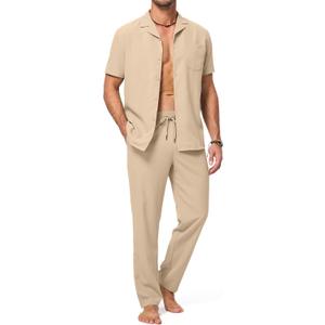 JMIERR Men 2 Piece Beach Vacation Outfit Pants Set Summer Cool Short Sleeve Casual Shirts (Medium)
