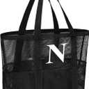 Personalized Mesh Beach Bag for Women - Waterproof Initial Tote Bag for Family Travel, Toys, Vacation Essentials