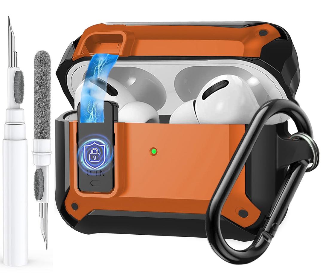 Olytop for Airpods Pro 3 Case with Magnetic Automatic Lock, Rugged Apple Airpods Pro 3rd Generation Cover 2025, Armor Shockproof iPod Pro3 Gen Protective Shell with Carabiner&Cleaner kit, Black/Orange