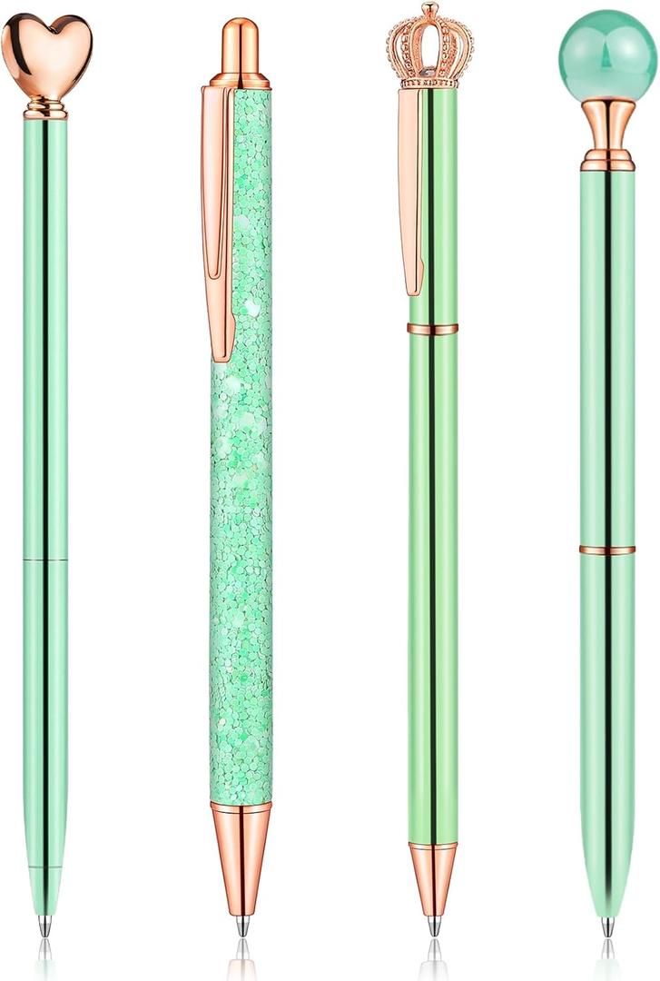 BESARME 4 Pcs Green Pens for Women, Mother's Day Gifts Green Gifts for Girls Fancy Pen Glitter Diamond Pens Black Ink Cute Pen for School Wedding Office Supplies