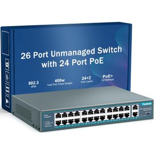Yuanley 24 Port PoE Switch with 2 Gigabit Ethernet Uplink Port, Unmanaged 26 Port 802.3af/at 400W Power PoE+ Network Switch, Rackmount Plug and Play