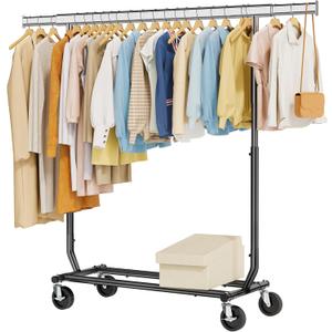Tajsoon Clothes Rack Heavy Duty Clothing Rack Load 350 LBS, Metal Garment Rack with Wheels & Extendable Rod, Rolling Collapsible Clothes Racks for Hanging Clothes with Bottom Shelf, Black