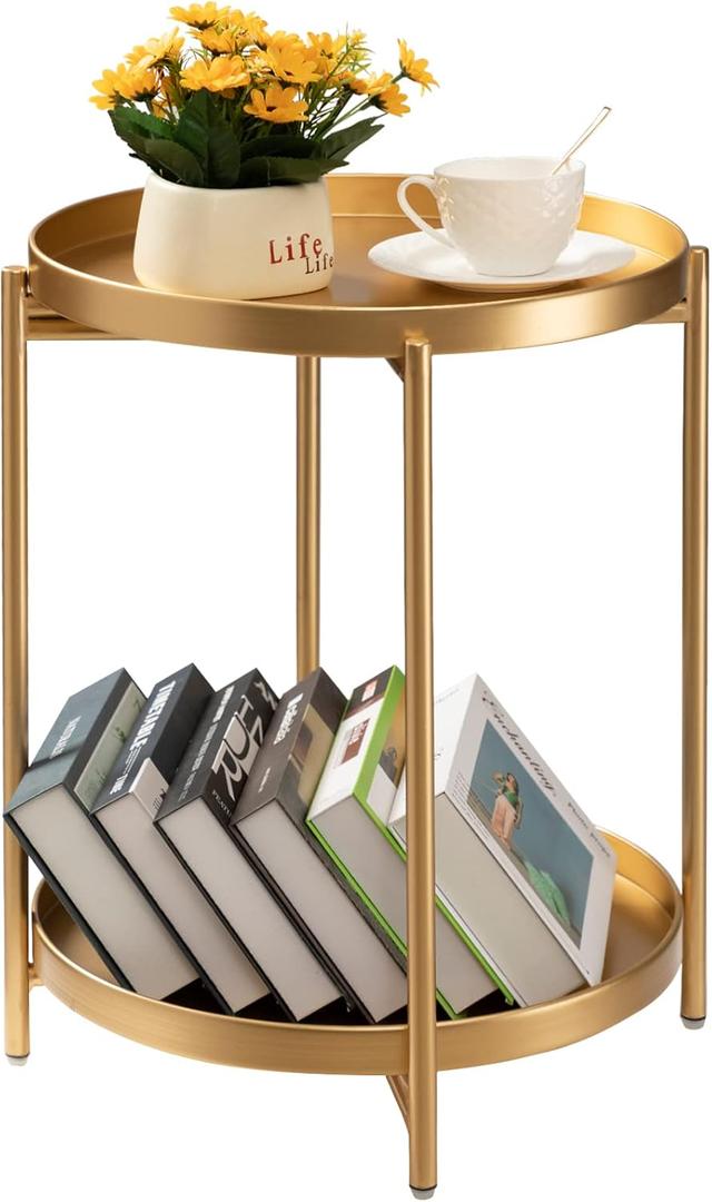 TeoKJ 2 Tier Round Side Table, Folding Metal Small Bedside Nightstand for with Two Removable Tray for Bedroom Living Room Bedside Small Spaces Gold X2, round, 21.26-inch diameter